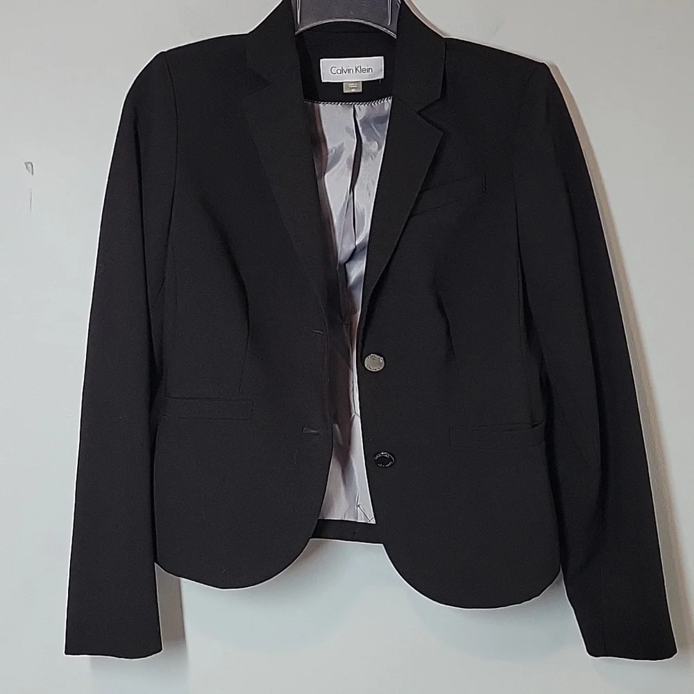 Calvin Klein Womens Solid Two Button Blazer Jacket Black